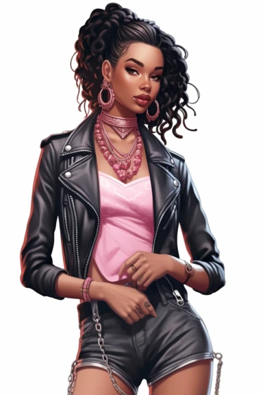 Illustration detailed clip art illustration on a white background, pose full length model black woman Musier Paris Kelsey biker jacket and chocker with body jewelry, long thick braided hair, cute nose, makeup, lips fashion pink, elegant classy, shiny colors, hyper details sticker art, elegant, modeling,