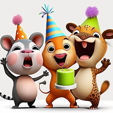 clipart birthday party little animals.,artistic painting style , cute and sweet, they are smiling and happy, they are singing happy birthday, dancing and super excited, 3d with vibrant colors, white background and no text or caption