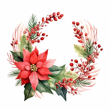 Poinsettia (Euphorbia pulcherrima) big Rectangle wreath with Evergreen foliage, Berries and pine cones. Holly (Ilex spp.), watercolor hand painting by Hayao Miyazaki ultra detail, 8k megapixel a careful touch white background for clipart