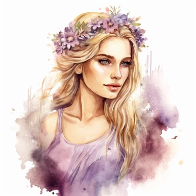 realistic watercolor portrait clipart blond long haired beautiful braided adult princess with pastel purple dress and flower crown