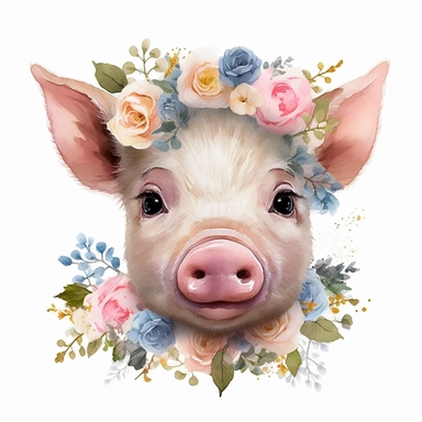 Nursery Print baby head pig flowers drawn in watercolor style, vector design, , Sublimation Clipart ,Cartoon,hyper realistic, intricate detail, illustration style,high solution,on the white background