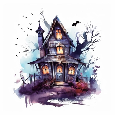 watercolor style, spooky halloween haunted house graveyard in front clipart, haunted house decorated in creepy Halloween style decor, whimsical Halloween witch house, isolated on white background, 4K, dark, night scene