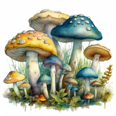 watercolor, hyper realistic, white background, white margins, 16k, ultra detailed clipart, cut out image, hand-drawn illustration style for picture books A group of magical, glowing mushrooms in shades of blue, green, and yellow, fantasy setting
