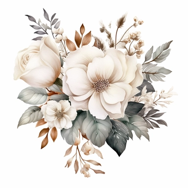 one white floral bouquet Watercolor clipart with white background and leaves by sarah tuscany, in the style of digital gradient blends, dau al set, decorative borders, ue5, black background, kinuko y. craft, ephemera, no watermark, text, 300 DPI , typography, shapes do not stick together, no text in the picture, on a white background