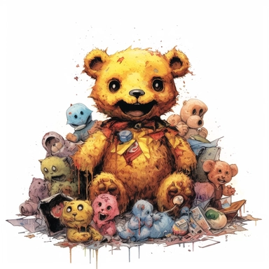 vintage evil horror teddy bear clipart surrounded by a white background, rotten, ben templesmith, lisa frank, frank frazetta, richard scarry, clean border, white background