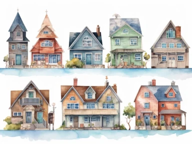 watercolor hand drawn houses, clip art,planner elements, stickers a colorful clipping file featuring rhinestones, and accessories, in the style of hand-drawn, hallyu, pastel-hued, logo, sea and coast painter, maranao art,