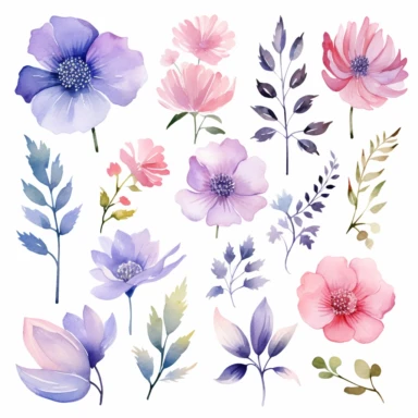watercolor flower elements, clipart, Pink colors light and pastel, with Focus on pinks, blues and purples, flower petals, leaf elements, blossom elements, white background, 8k, high resolution