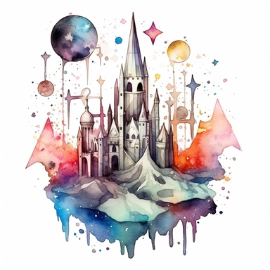 clipart watercolor creepy magic crystals with crescent moon and stars, fantasy, detailed, white background, illustration painting, collaged constructions, digital art, in the style of sculptural and geometric, forced perspective drawings, Geometric brushstrokes form an intriguingly abstract, painterly figure