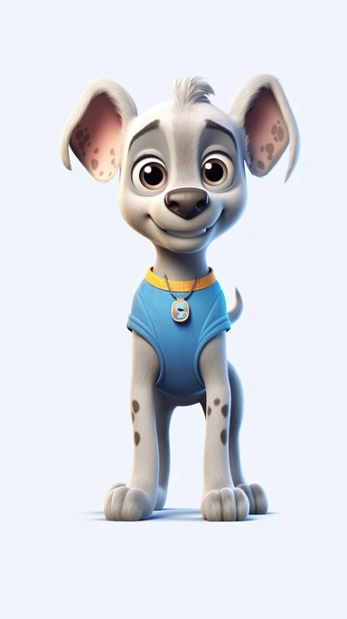 Front view of an animated dog standing wearing a t-shirt character design, full body, face drawing in top quality, high quality face drawing, clipart, full illustration, 4k, sharp focus, silky skin. soft, symmetrical, detailed face, concept art, fairytale style, chibi kawaii . Octane rendering, 3D, perfect face, detailed face, delicate face, perfectly sharp lips. , detailed eyes