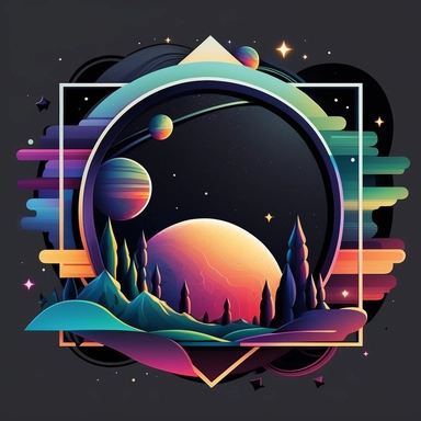logo, geometric frame, vector, clipart, modern, northern lights, planets, outer space, cartoon, clean lines,