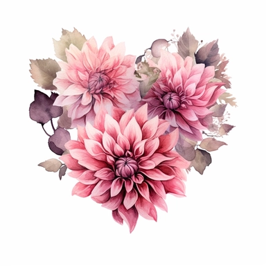 a heart shape made with pink and pastel pink Dahlia flowers, wet on dry watercolour style, dark gothic antique look, clipart, white background