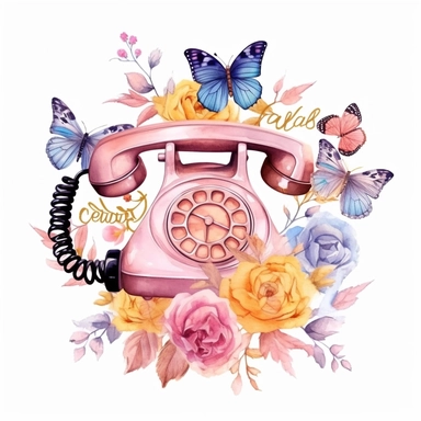watercolor desktop phone with flower and butterfly drawing, illustration clipart, detailed, black outline, white background, digital art