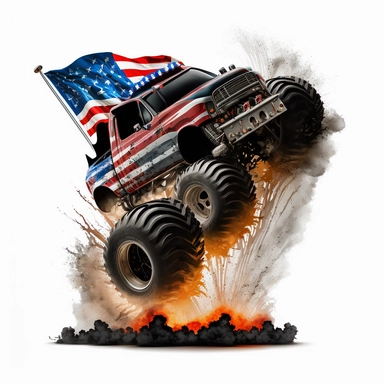 Monster Truck fire coming out of the exhaust pipe with USA flag clipart no background