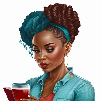 Beautiful African American woman, reading a book, braid updo hairstyle hyper realistic, intricate detail, wearing cyan blouse and denim jeans, sipping a glass of red moscato, clipart