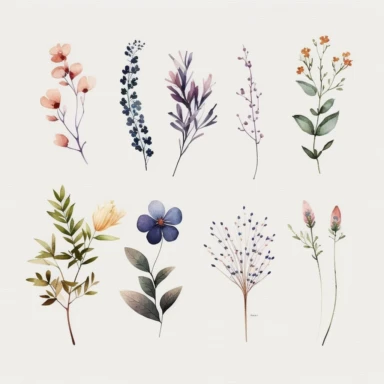 simple and minimalistic individual watercolor flowers clipart, beautiful elegant, pretty, calming, white background