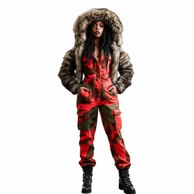 clipart Black woman model pose wearing red black green army style camouflage fatigues fur hood sweat suit white background