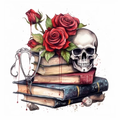 A patterm of gothic style books with watercolor effect, suitable for digital clipart, white background, gothic scene, gothic colors, gothic tools, gothic roses, skull, dark scene
