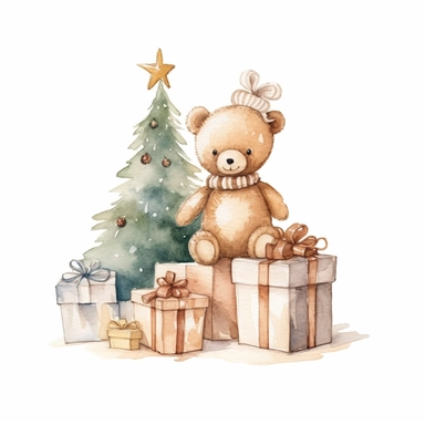 christmas Clipart aquarelle, christmas wooden toy in kid room, christmas neutral colors, minimalistic, adorable, shabby chic style, christmas style, isolated white background,single design, single object,print on demand image, PNG transparent background,