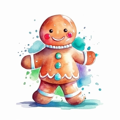 watercolor style, Gingerbread man: A cookie shaped like a person, often decorated with icing and candies. clipart, isolated on white background, 4K
