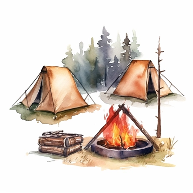 basic watercolor clipart of camping tents, camp fire, and hikers