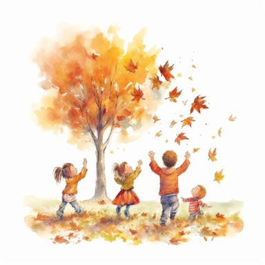 watercolor style, realistic autumn scenery, kids throwing leaves under the autumn tree, kids close up, clipart, isolated on white background, 4K