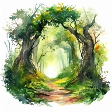 a breathtaking magical forest watercolor clipart, a realm where fantasy and nature converge. Majestic trees, with gnarled roots and sprawling branches, form a grand canopy overhead. Sunlight pierces through the foliage, creating a dappled effect on the emerald-green moss and fern-covered ground, 4k, details,