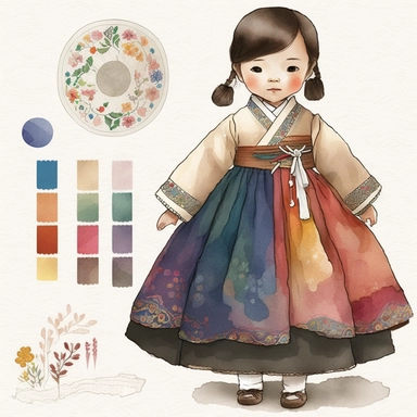 a cute little girl is wearing Korea traditional dress Hanbok. watercolor clipart, the skirt layers are designed to create a full and flowing silhouette, rainbow color jacket, The jacket worn by women in the royal family has long sleeves that are wide and 