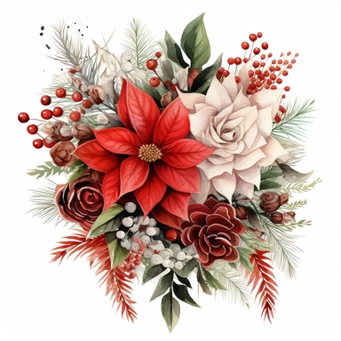 Poinsettia (Euphorbia pulcherrima) in the lace-bound wedding Bouquet with Evergreen foliage, Berries and pine cones. Holly (Ilex spp.), watercolor hand painting by Hayao Miyazaki ultra detail, 8k megapixel a careful touch white background for clipart