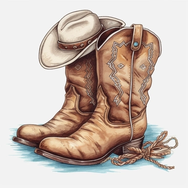 White background, Cowboy boots, clipart, Cowboy hat on shoes, pastel