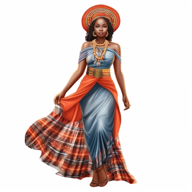 Hyperrealistic beautiful full figure ethnic dressed african beauty lady, ethnic african dress, perfect eyes,perfect face,perfect mouth and teeth,full body,cute and colorful,full body, clipart, hd, white background