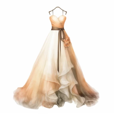 The entire bride's wedding dress on a mannequin, clipart, white background, in the style of elegant realism, muted and subtle tones, detailed painting, transparency and lightness, light orange and dark bronze
