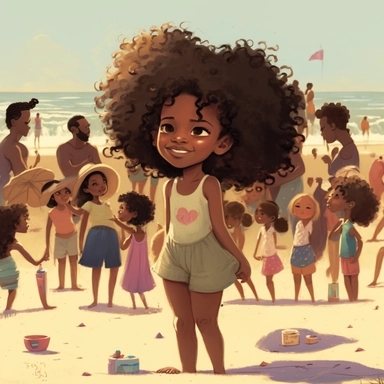 pixar , disney illustration of Sag Harbor , An illustration of fiver year old light skin Harper a happy black girl with curly afro, arriving in sag harbor ,standing looking at a group of children making other sandcastles in the competition , from the community's stunning Sunset Beach, east hampton , summer vaction, beach town , summer days , muted tones , shy warm heart , pixar , hyper detailed , smooth skin realistic animated — Happy Black Girl Smiling art,black girlsclipart, Funny black girl ,