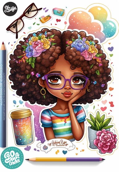 2d watercolor clipart kawaii, spring, april, character of beautiful african american woman, Intricately rendered dark Skinned woman, full body portrait, intricately rendered, 8k, long thick curls brown hair, sparkles, generously detailed, hyper realistic, digital, long rainbow eye lashes, beautiful retro comic urban chick, smart, books, nerdy, glasses, 8k,
