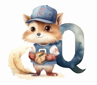 create watercolor clipart of letter q , cute animal in baseball costumes with baseball, incredibly high detail, 16k, gorgeous, white background