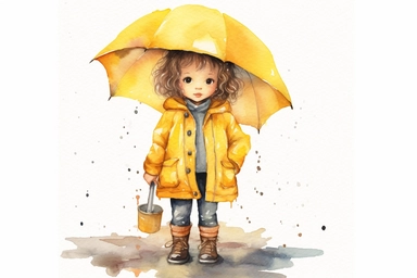 little kid wearing yellow rain coat and boots with umbrella, watercolor clipart