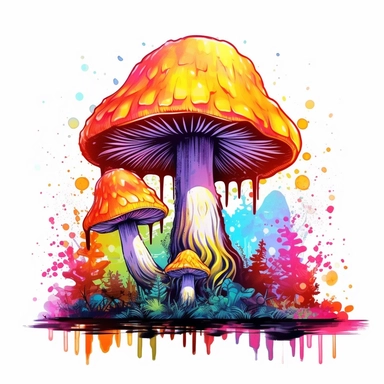 clipart mushroom in forrest, Psychedelic art, Acid Art, high resolution, neon rainbow colored, white background