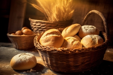 wicker basket with freshly baked bread rolls, some flour scattered nearby, background: rustic kitchen, photo clipart, super detail, vignetting, shot with Nikon D3000,