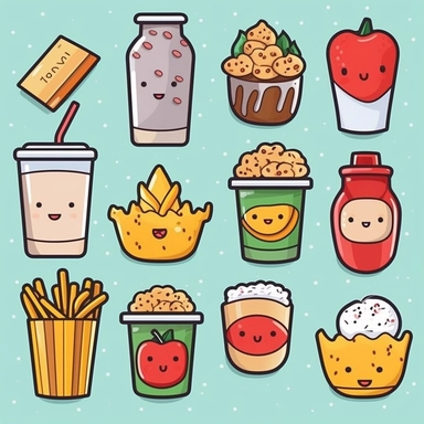 vector, Cute kawaii fast food pairs, valentines food clip art, food couple, drinks clipart, love hearts background. clip art, food PNG, line art, vector, black and white, line art