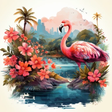 Bright ocean palm trees dolphins flowers clipart