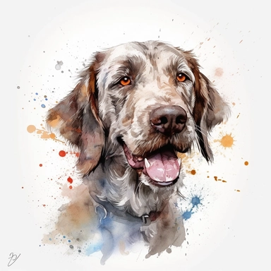 cute Slovakian Rough-haired Pointer dog portrait, full face, centered shot, side shot, dynamically posed, in action, playful mood, happy mood, playing mood, cute face, adorable smile, childlike eyes, clean watercolor illustration, white background, nursery baby imagery, painting, detailed, 8k, PNG, clipart,