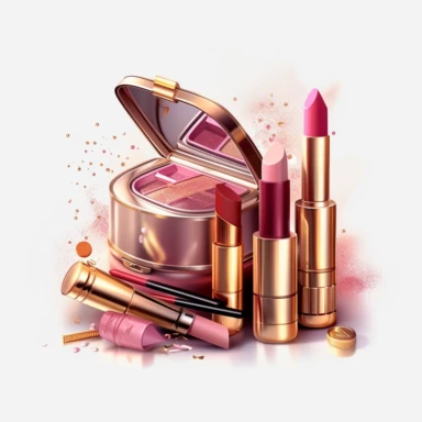 pink gold lipstick, nail polish, eye shadow, blush makeup, makeup bag, clipart style, to separated the products, makeup cosmetics, procreate illustration, on white background, hyper detailed, high resolution, illustration, 3D
