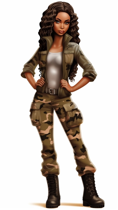 clipart, digital doll, beautiful africanamerican woman in camouflage is standing posing, in the style of cartoon realism, airbrush art, commission for, clockpunk, ultra realistic, traincore, babycore