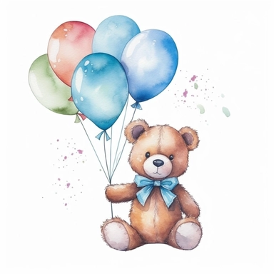 Watercolor Cute Teddy Bear Holding ballons Cliparts,minimalist, isoiliated white background