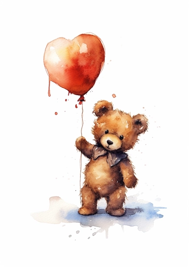A teddy bear cub holding a heart-shaped balloon, artistic watercolor clipart, no cutoff