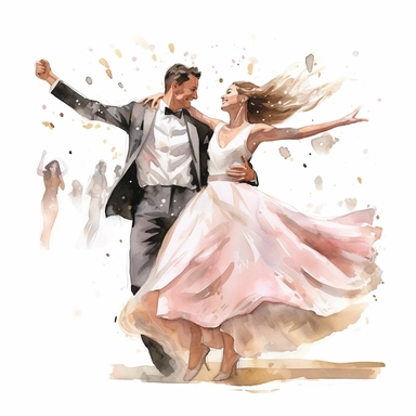 watercolor, hyper realistic, white background, white margins, 16k, ultra detailed clipart, cut out image, hand-drawn, whimsical a groom and bride doing a whimsical and choreographed dance routine, adding a touch of creativity and entertainment to their celebration. ultra HD, sharp and clean art