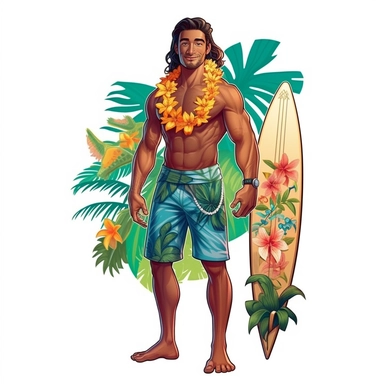 hawaiian surfer, beach-summer-tropical-hawaii themed Sublimation Clipart ,Cartoon,hyper realistic, intricate detail, illustration style,high solution,on the white background