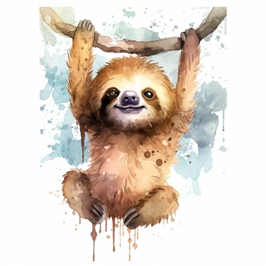 A sloth hanging upside down from a branch, looking adorable with its paws curled up, pastel colors, light watercolor, watercolor splash, few details, Studio Ghibli, clipart, white background