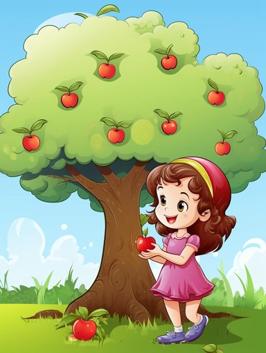 girl eating an apple under an apple tree, the apples are purple, cartoon style clipart