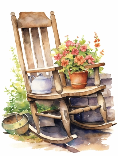 watercolor, vintage, country, beautifully carved, extreme detail, wood rocking chair in the garden with flower pots next to it on the ground, beautifully carved arm rests and on white background, clip art