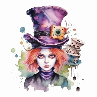 watercolor illustration Alice in Wonderland Mad Hatter gothpunk, clipart set, isolated on white background, hd